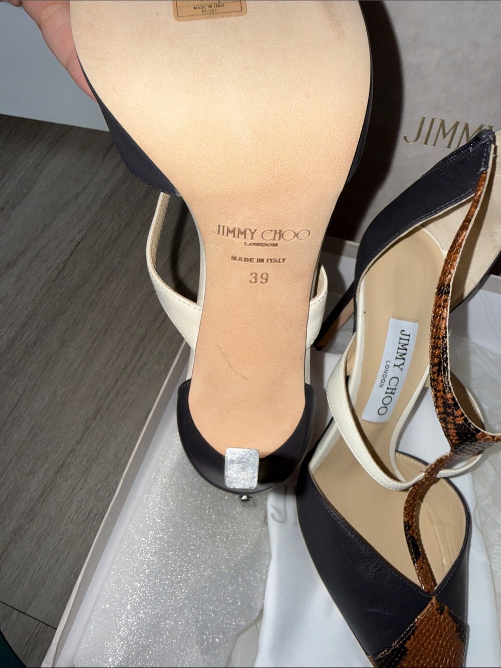 Jimmy Choo Saoni Snake Leather, Calf Leather, Nappa Pointed T-Strap Heels - Picture 5 of 9